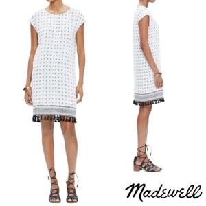 MADEWELL White Black Scatterblock Tassle Cap Sleeve Shift Dress Size XS